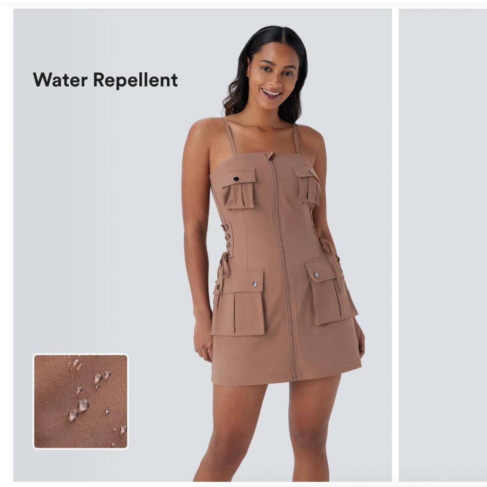 Water Repellent Zipper Pockets Side Lace Up Twill Mini Hiking Slip Cargo Dress